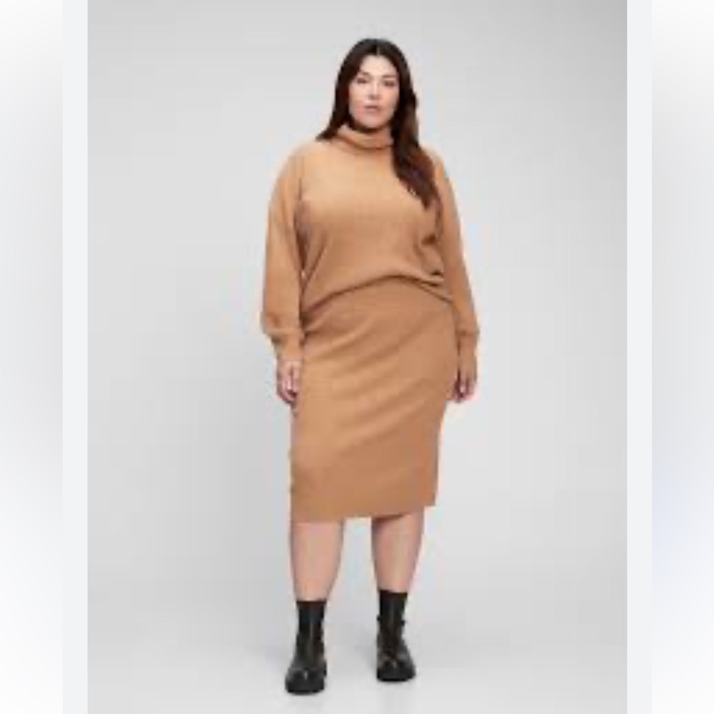 GAP Sweater Set Camel Turtleneck and Knit Skirt Size XXL Ribbed Textured